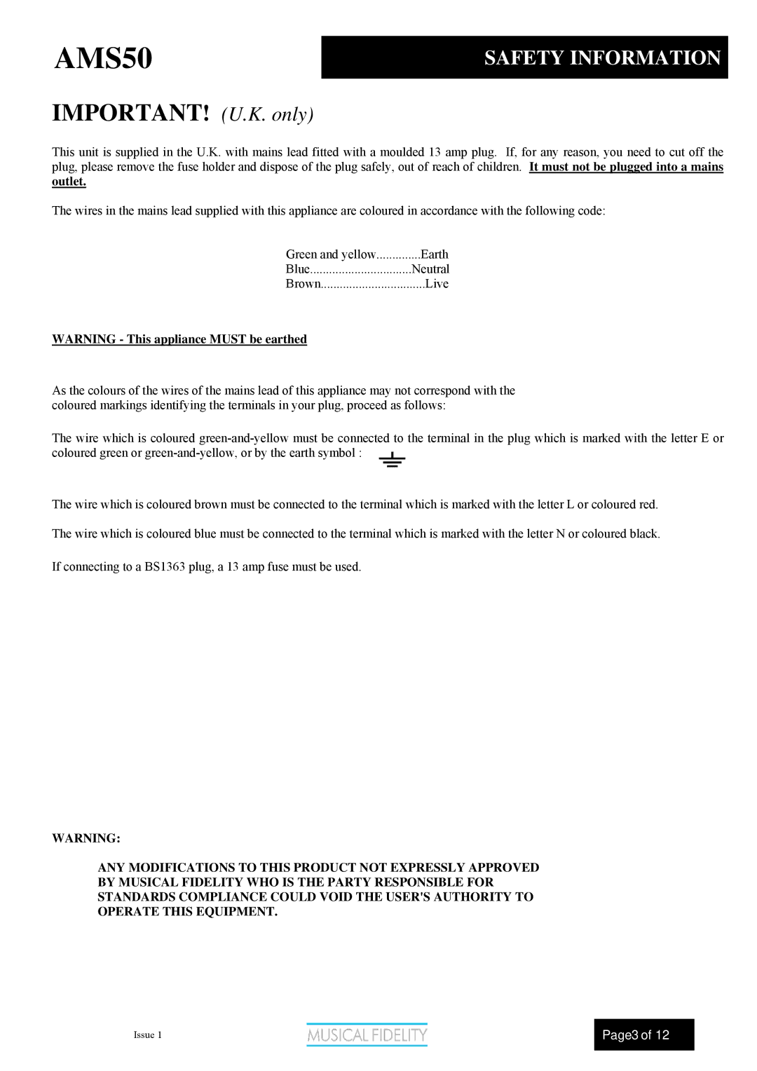 Musical Fidelity AMS50 manual Safety Information, IMPORTANT! U.K. only 
