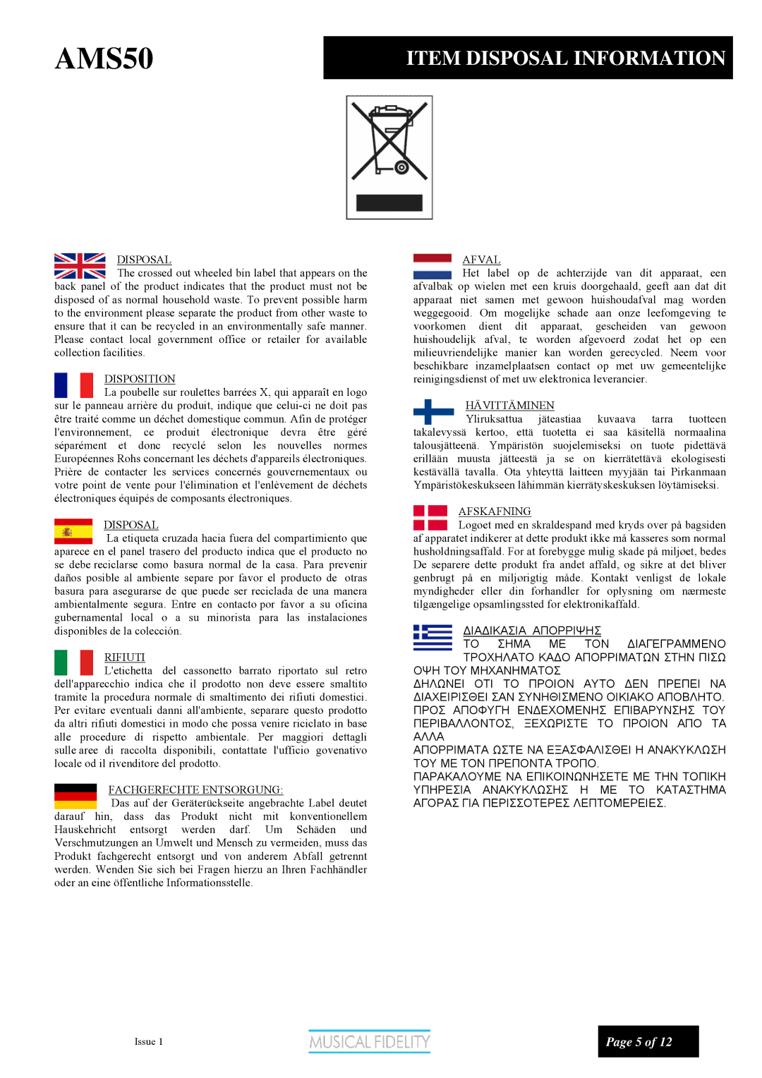 Musical Fidelity AMS50 manual Item Disposal Information 