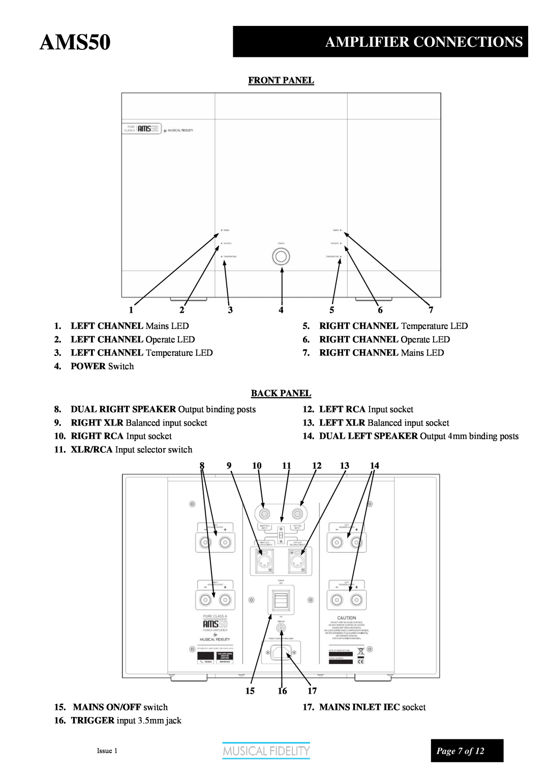 Musical Fidelity AMS50 manual Amplifier Connections, Page 7 of 