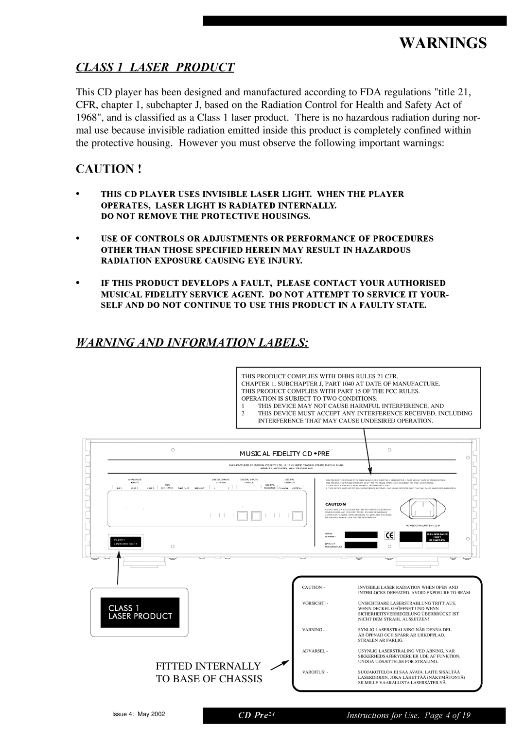 Musical Fidelity CD Pre24 manual Class 1 Laser Product 