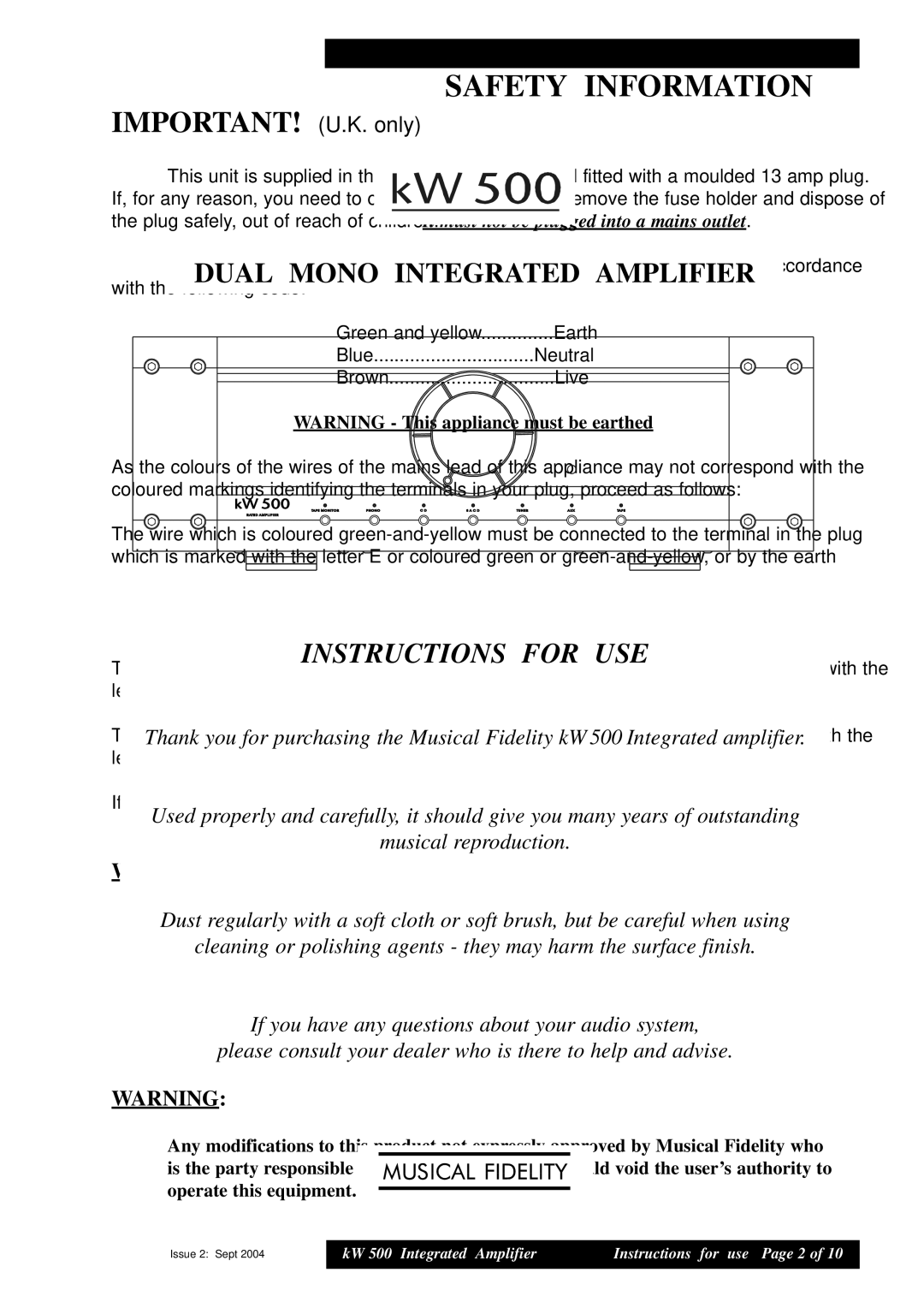Musical Fidelity KW 500 manual Safety Information, IMPORTANT! U.K. only 