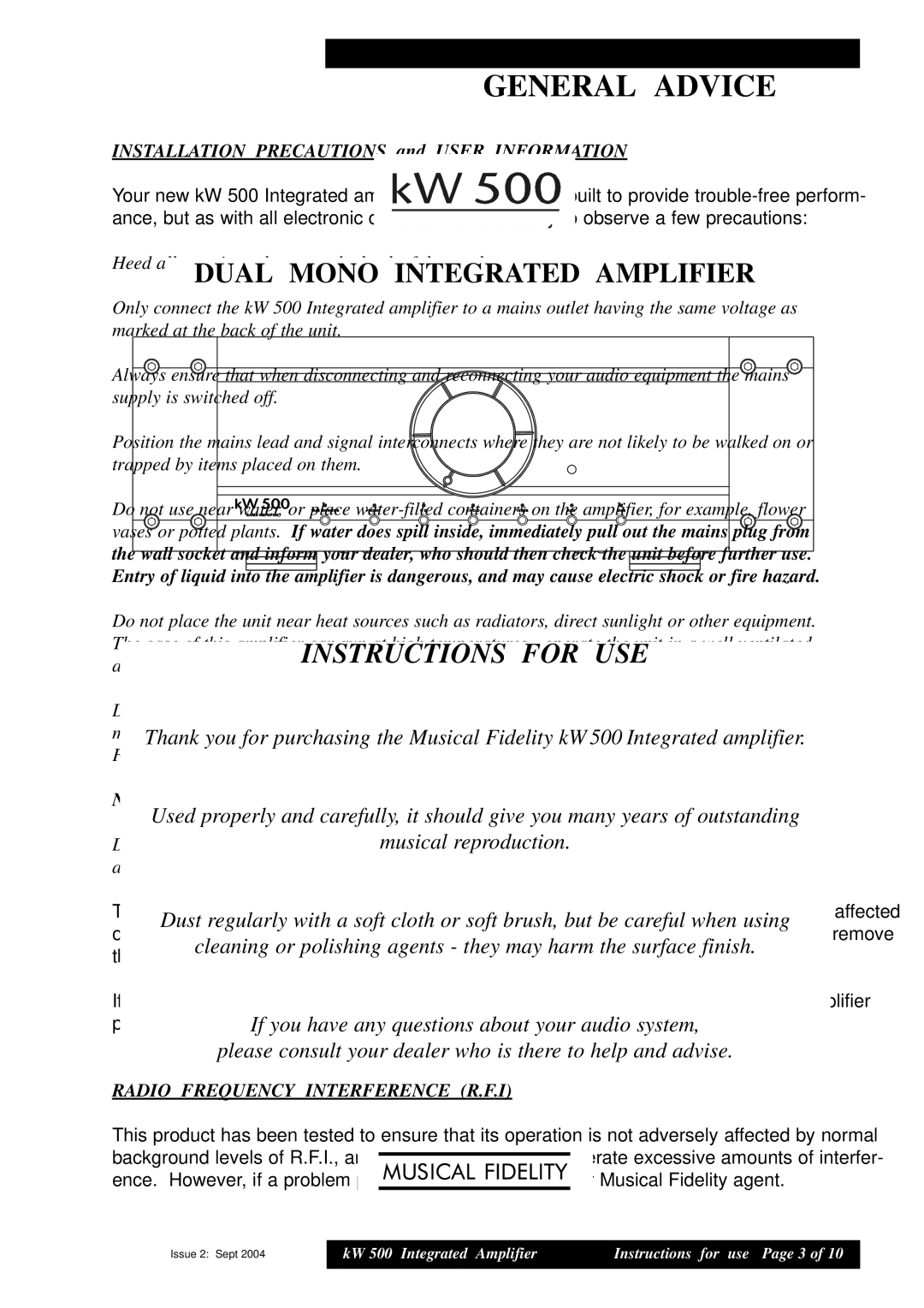 Musical Fidelity KW 500 General Advice, Installation Precautions and User Information, Radio Frequency Interference R.F.I 