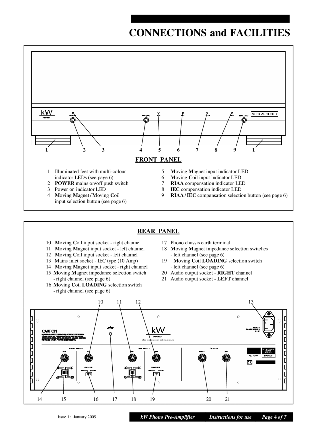 Musical Fidelity kW 750 manual Front Panel, Rear Panel 