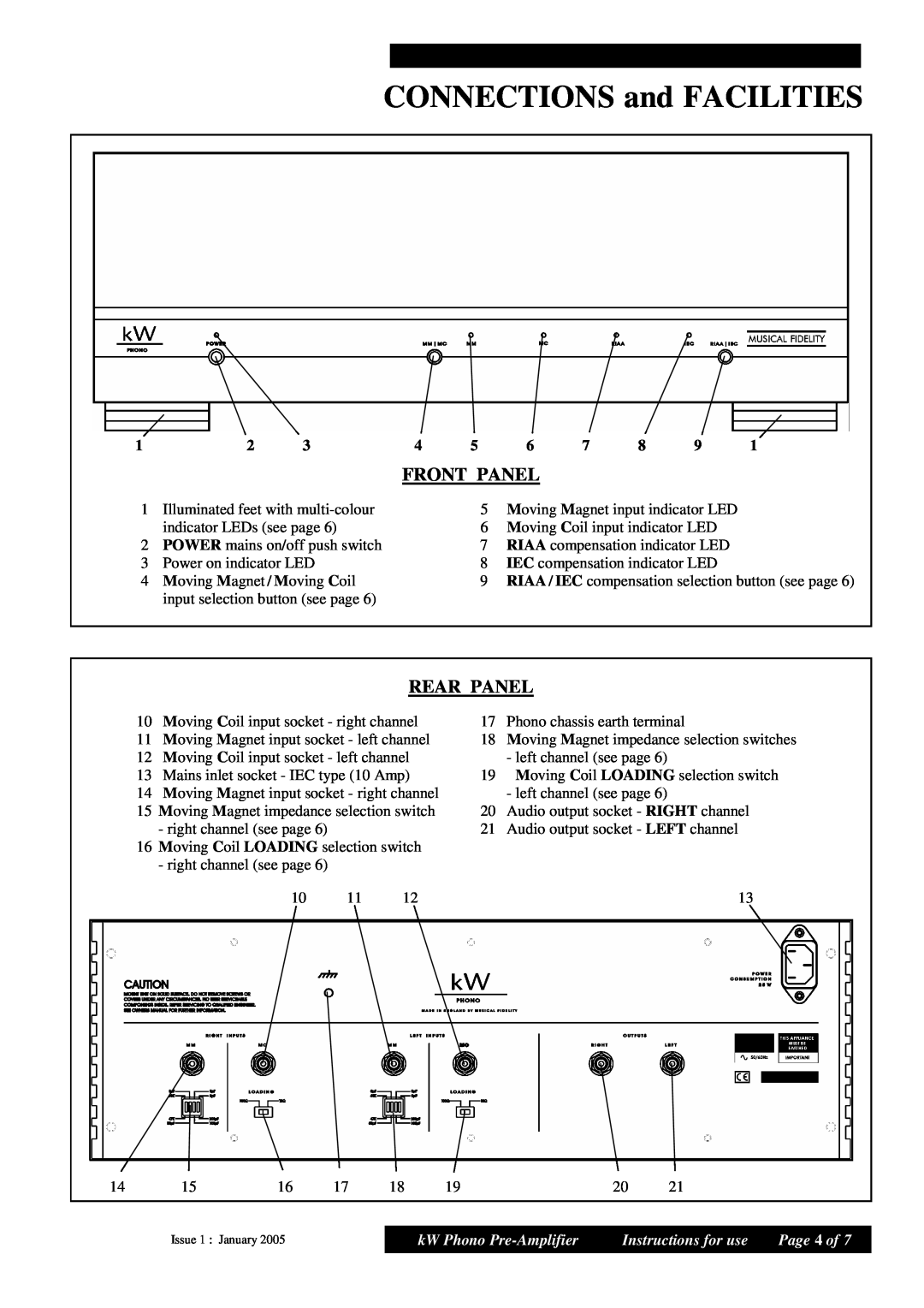 Musical Fidelity kW 750 CONNECTIONS and FACILITIES, Front Panel, Rear Panel, kW Phono Pre-Amplifier, Instructions for use 