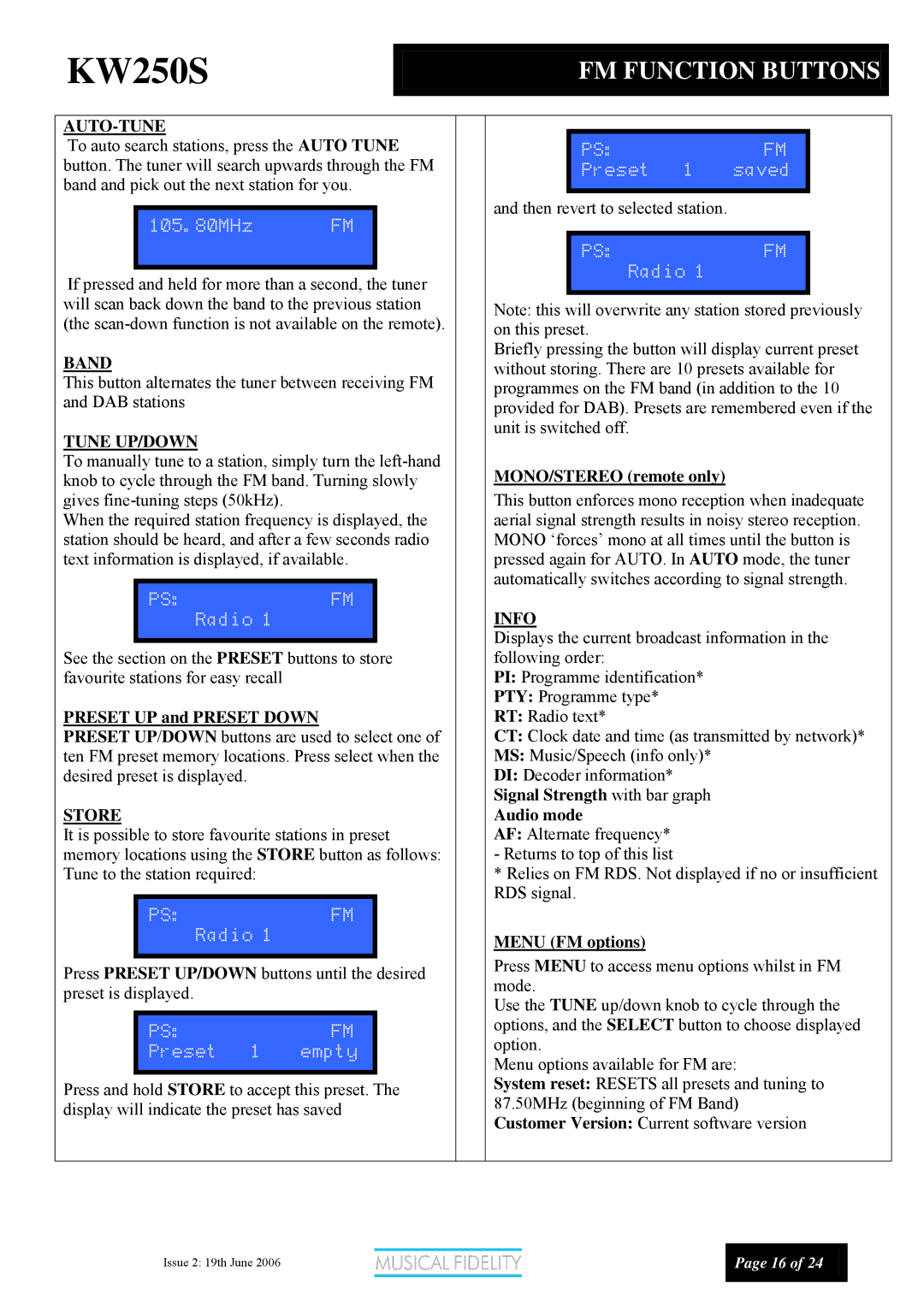 Musical Fidelity KW250S manual FM Function Buttons, MONO/STEREO remote only, Audio mode, Menu FM options 