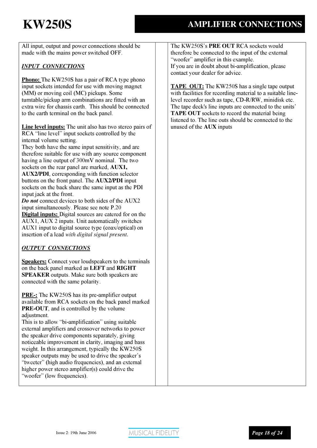 Musical Fidelity KW250S manual Amplifier Connections, Input Connections 