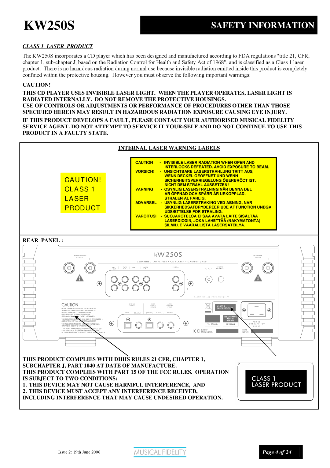 Musical Fidelity KW250S manual Class 1 Laser Product 