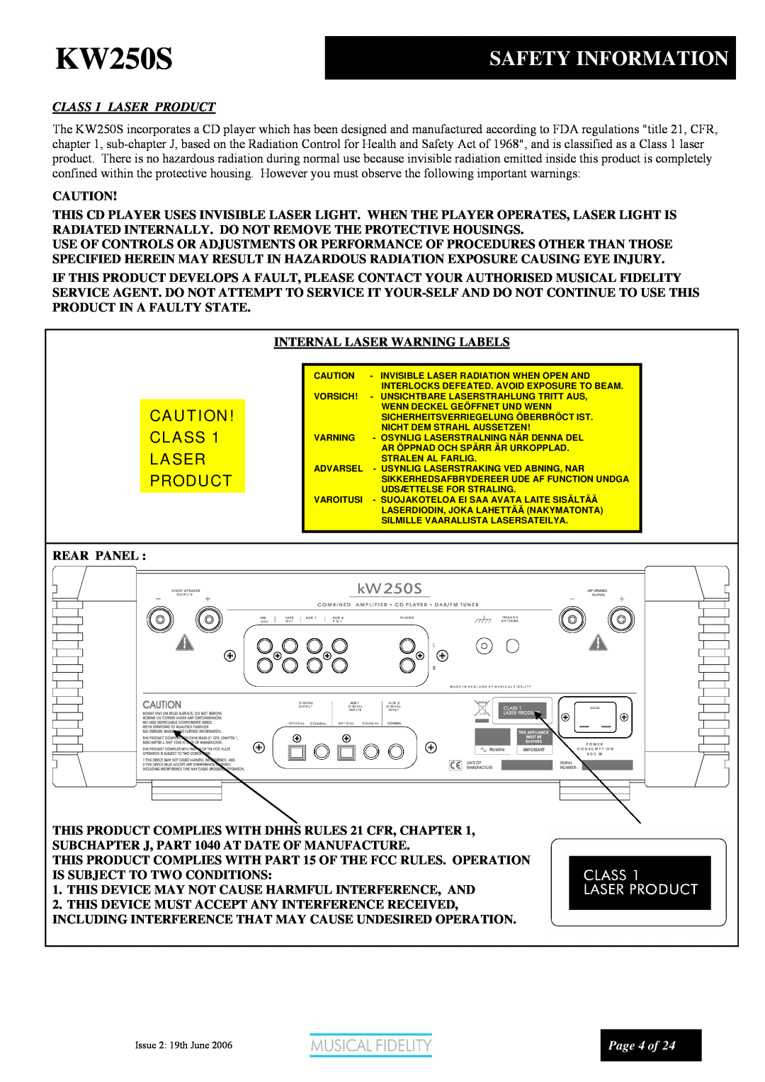 Musical Fidelity KW250S manual Safety Information, CAUTION! CLASS 1 LASER PRODUCT, Page 4 of 