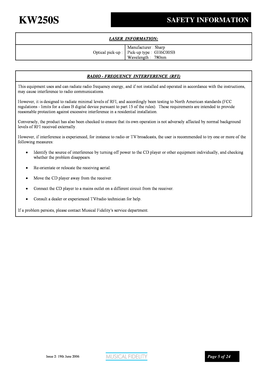 Musical Fidelity KW250S manual Safety Information, Laser Information, Radio - Frequency Interference Rfi, Page 5 of 