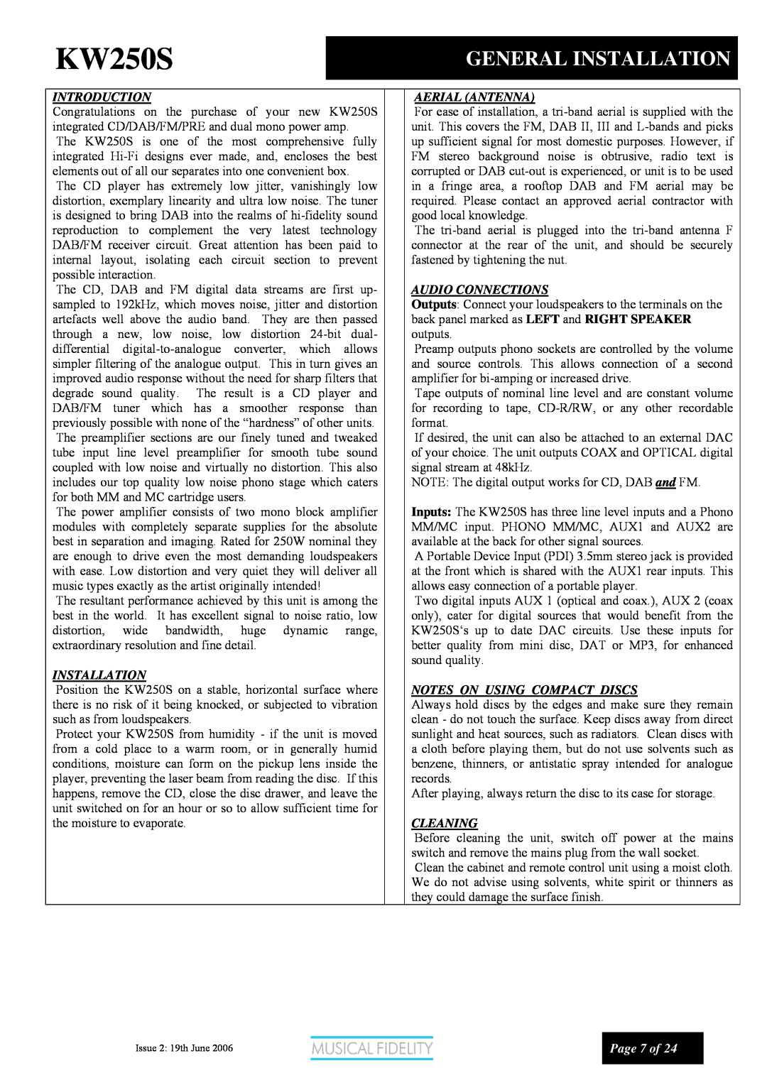 Musical Fidelity KW250S manual General Installation, Introduction, Aerial Antenna, Audio Connections, Cleaning, Page 7 of 
