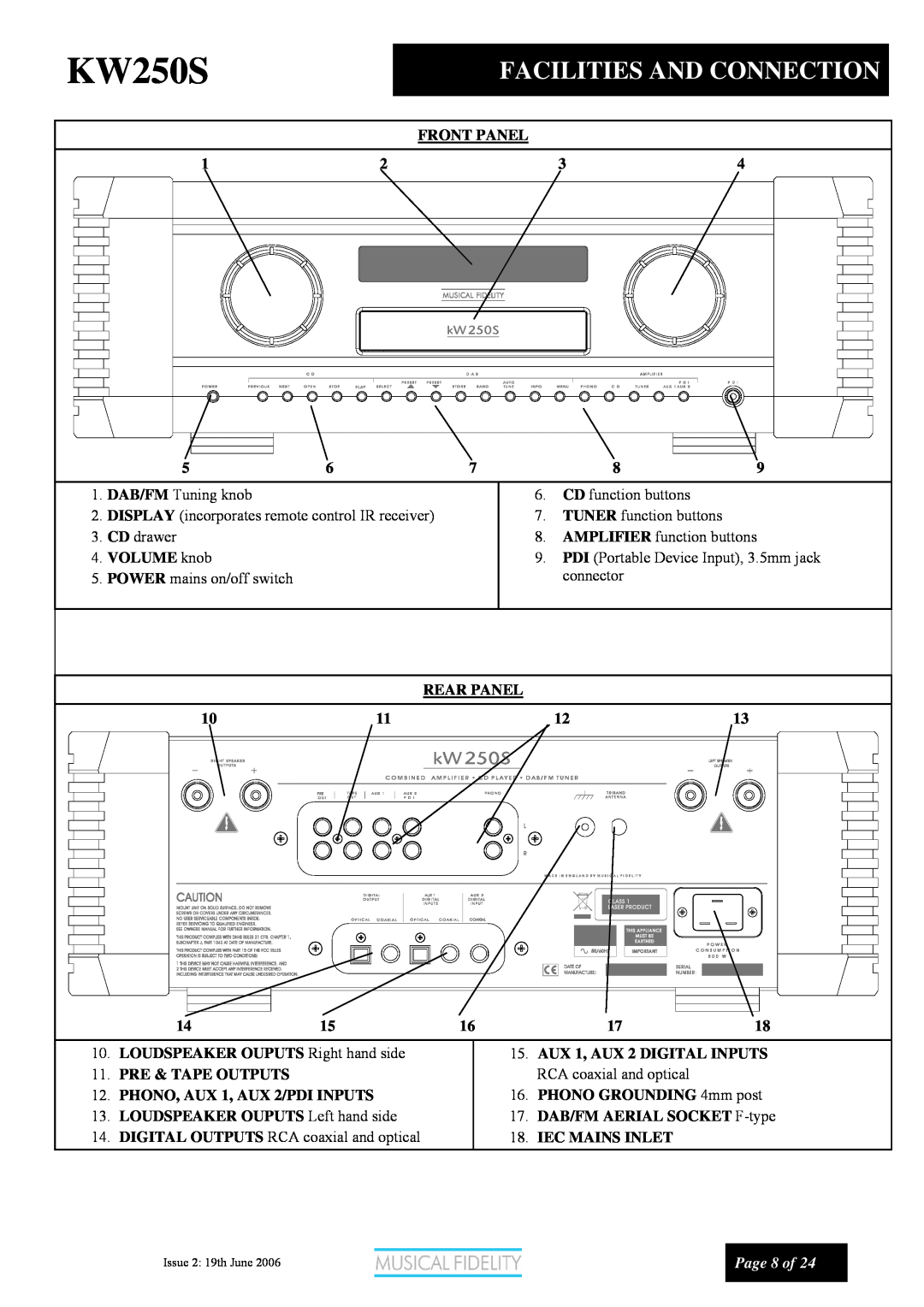 Musical Fidelity KW250S manual Facilities And Connection, Page 8 of 