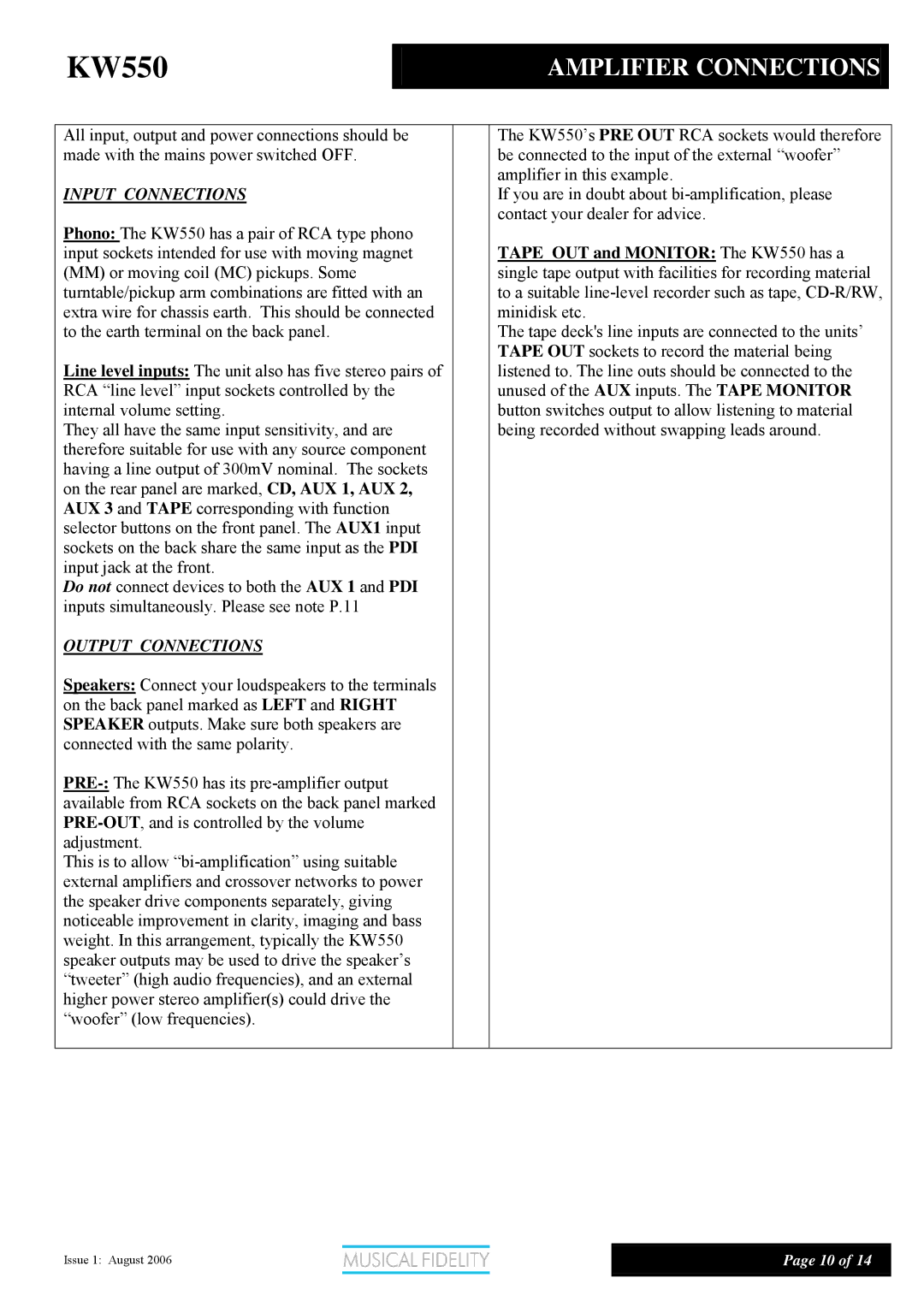 Musical Fidelity KW550 manual Amplifier Connections, Input Connections, Output Connections 
