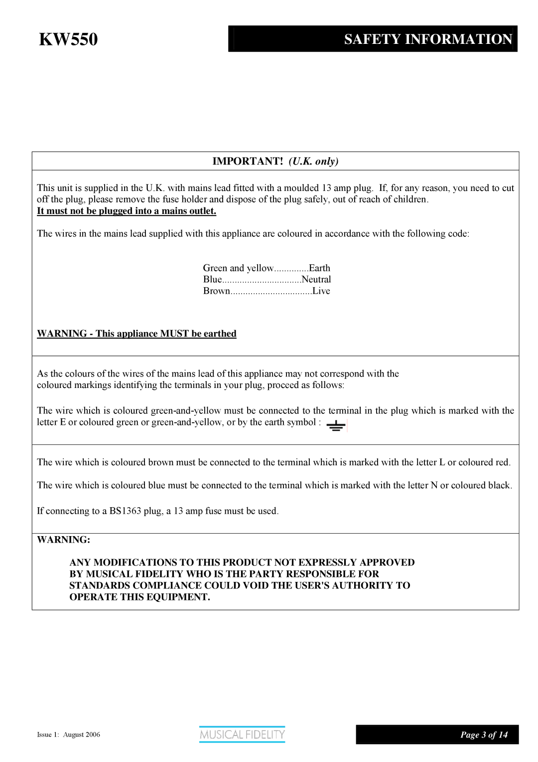 Musical Fidelity KW550 manual Safety Information, IMPORTANT! U.K. only 