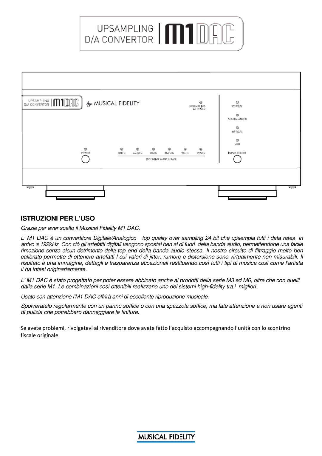 Musical Fidelity M1 DAC manual Istruzioni PER L’USO 