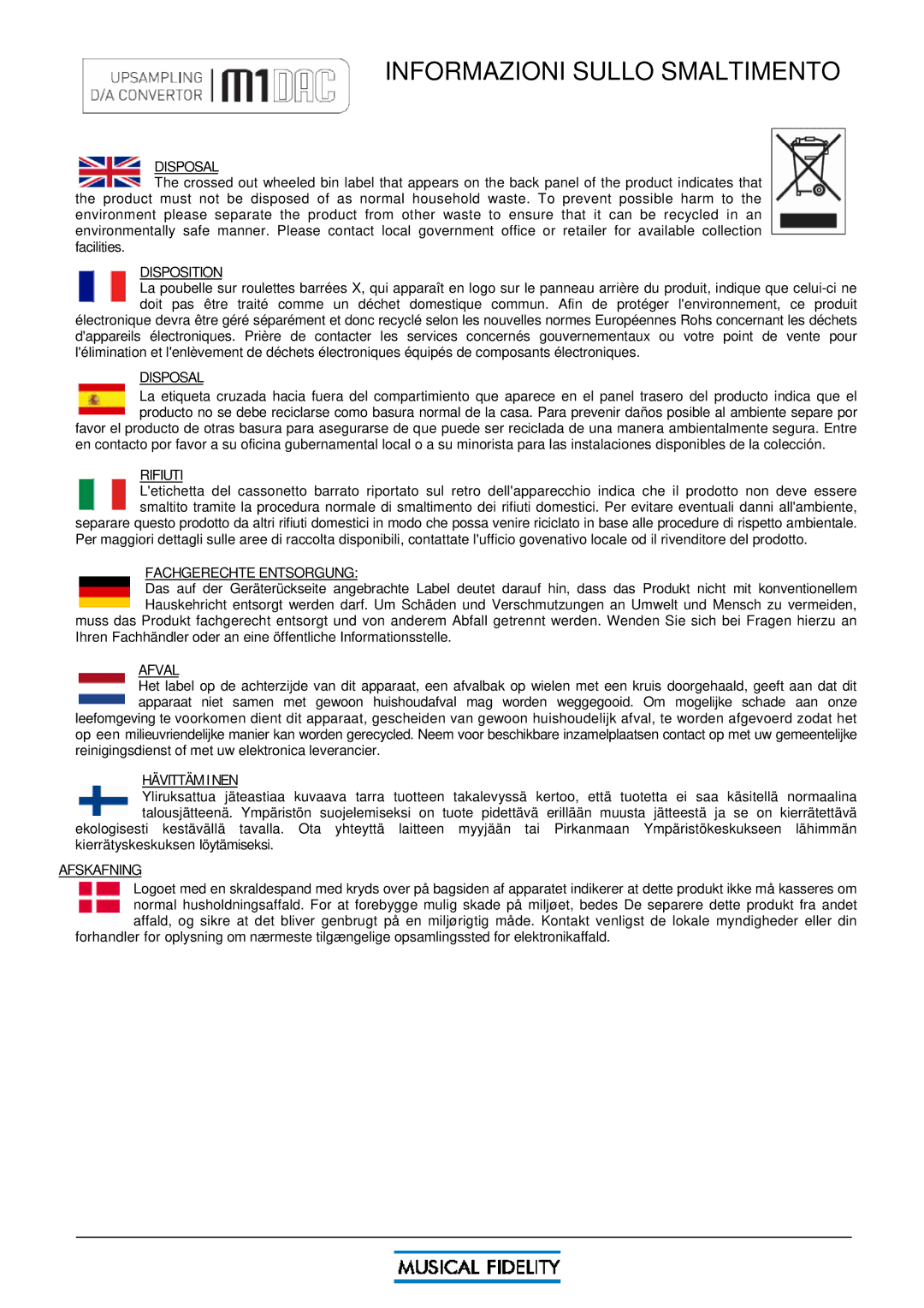Musical Fidelity M1 DAC manual Informazioni Sullo Smaltimento, Disposal 