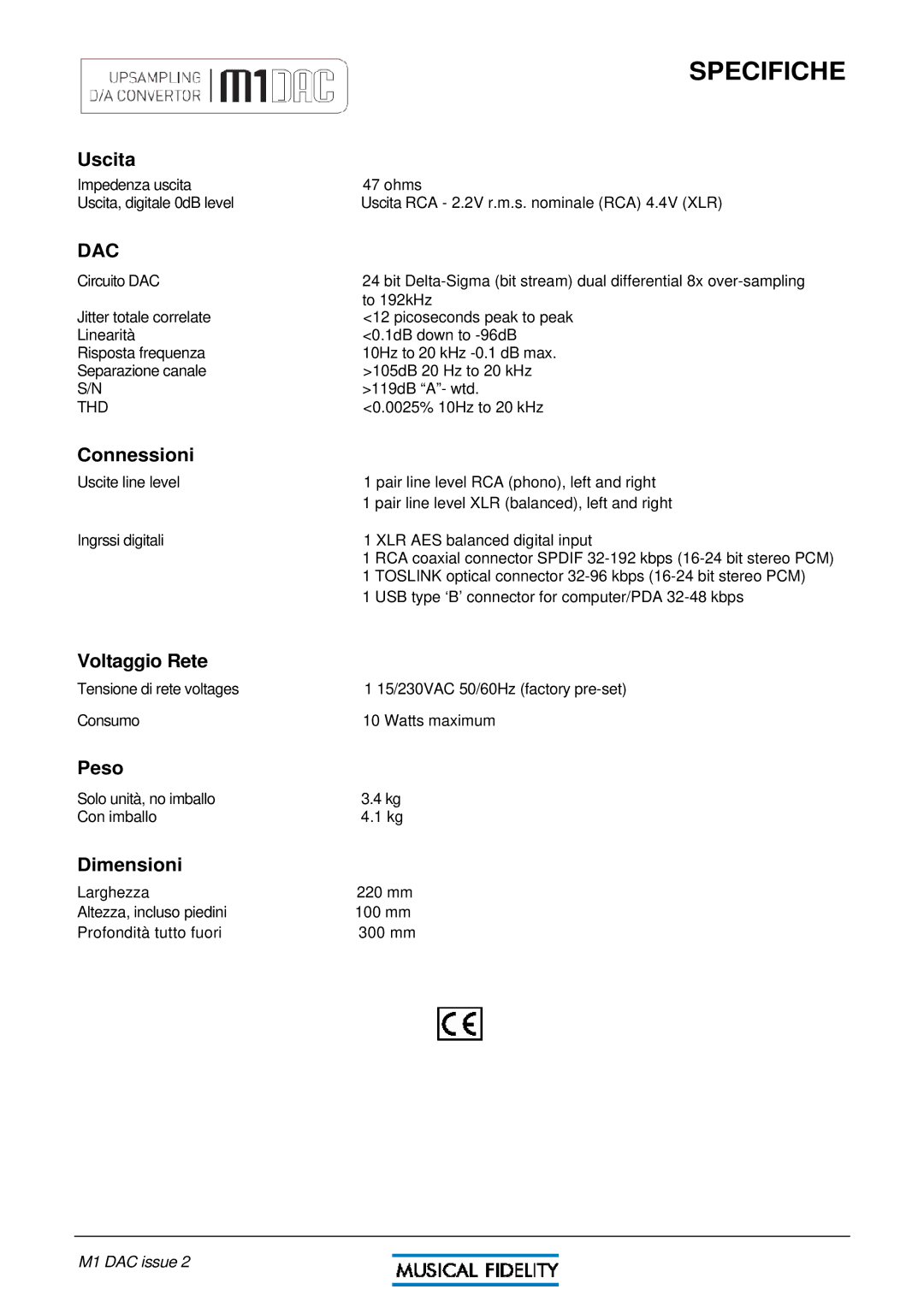 Musical Fidelity M1 DAC manual Specifiche, Uscita 