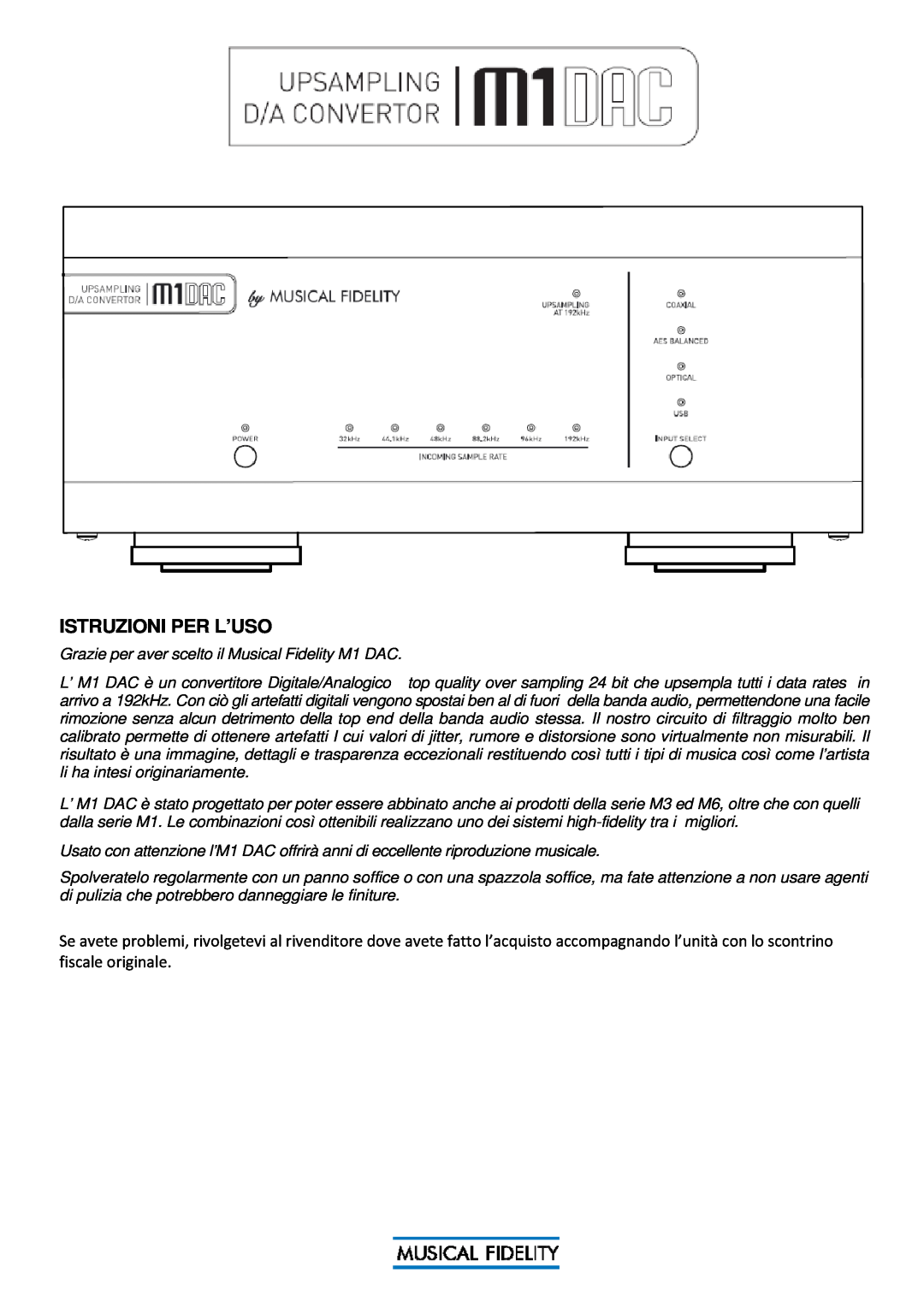Musical Fidelity M1 DAC manual Istruzioni Per L’Uso 