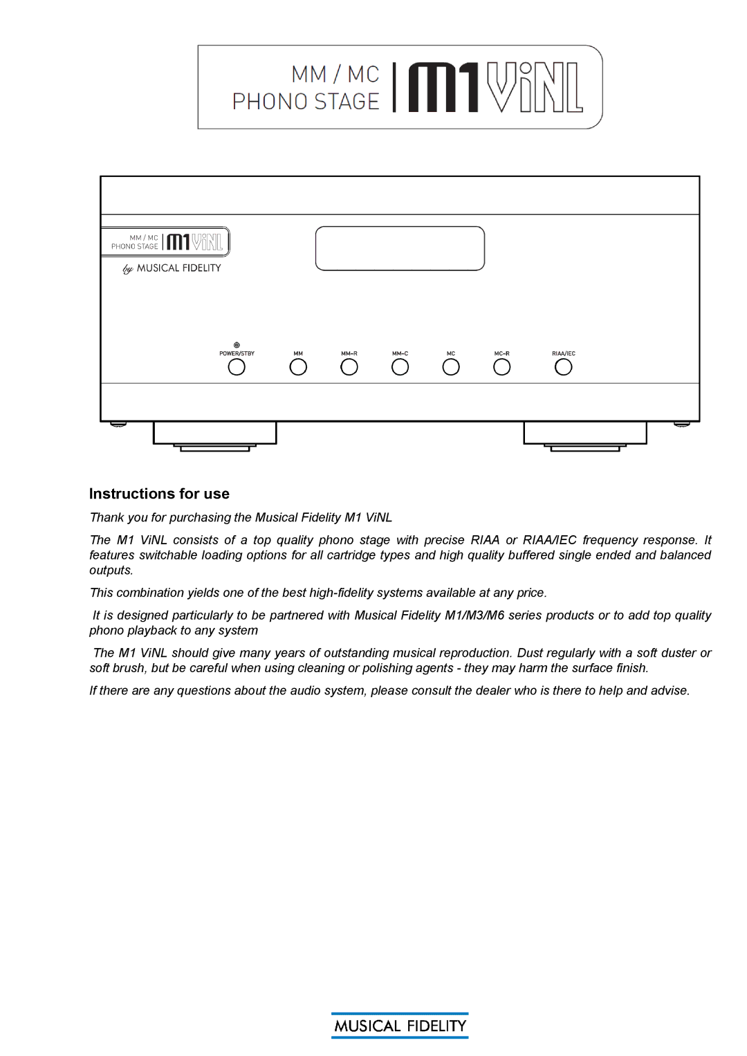 Musical Fidelity M1 VINL manual Instructions for use 