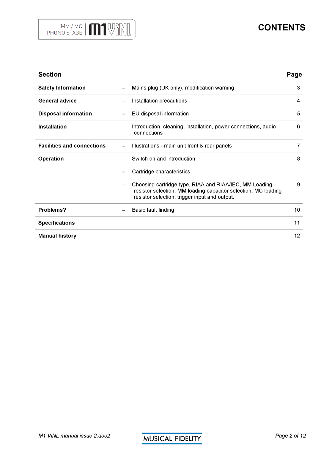 Musical Fidelity M1 VINL manual Contents 