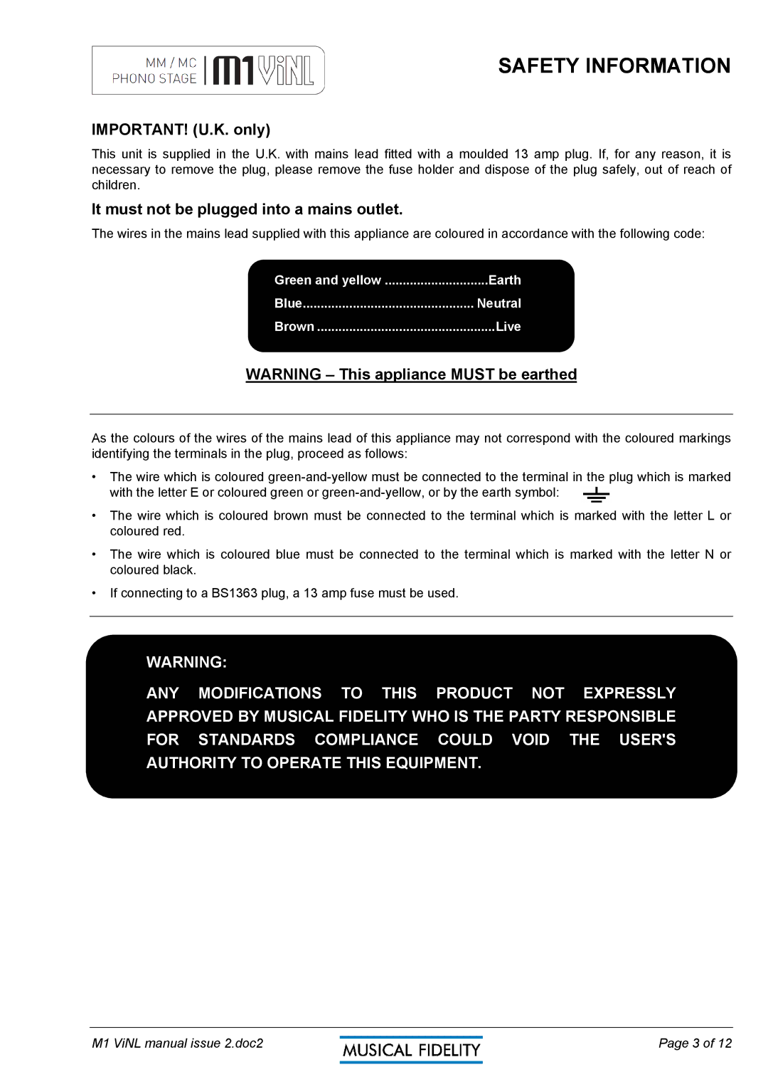 Musical Fidelity M1 VINL manual Safety Information, IMPORTANT! U.K. only, It must not be plugged into a mains outlet 