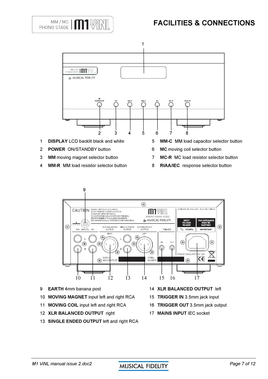 Musical Fidelity M1 VINL manual Facilities & Connections, XLR Balanced Output left 