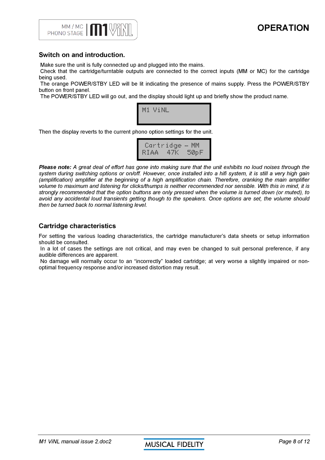 Musical Fidelity M1 VINL manual Operation, Switch on and introduction, Cartridge characteristics 