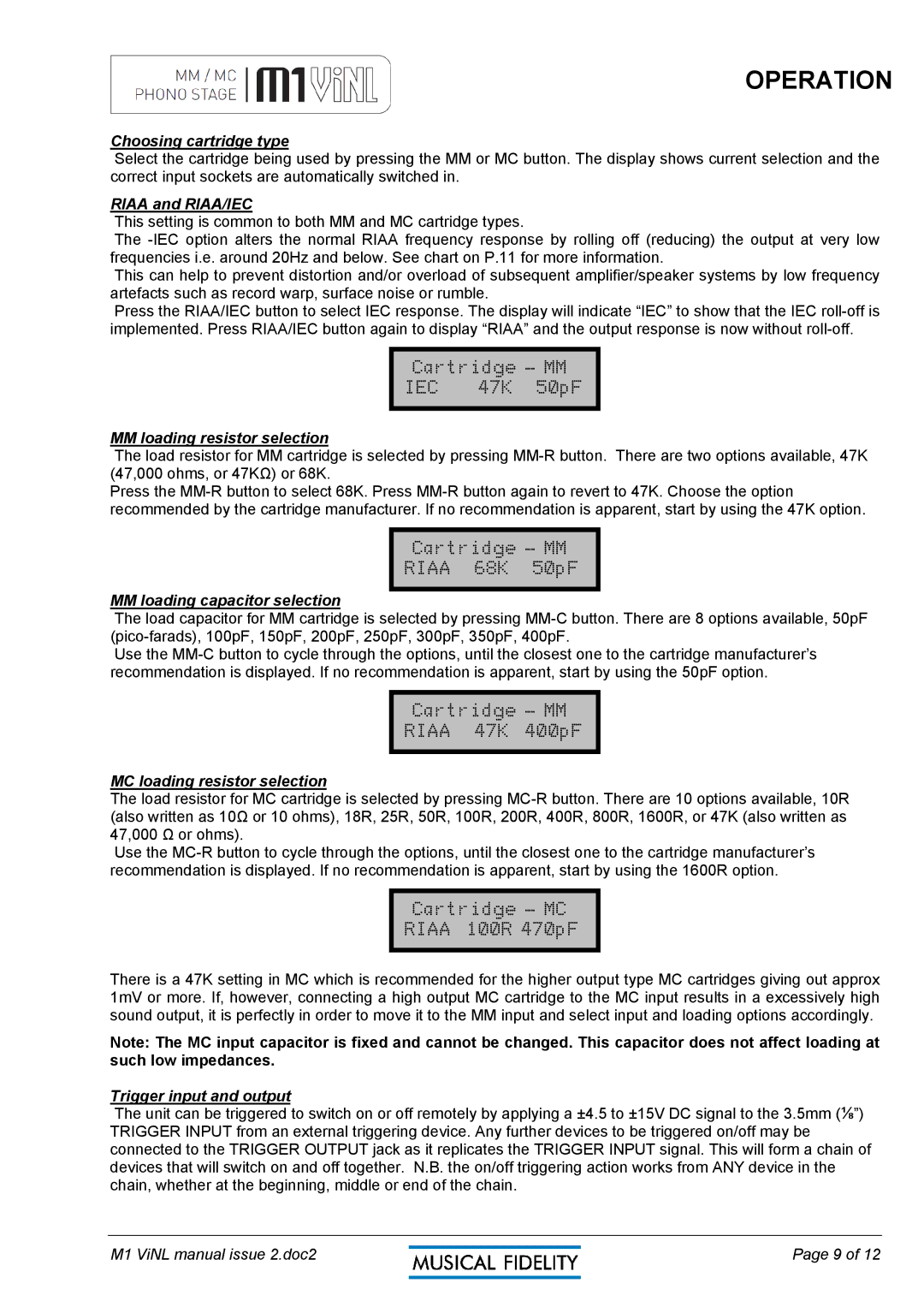 Musical Fidelity M1 VINL manual Choosing cartridge type 