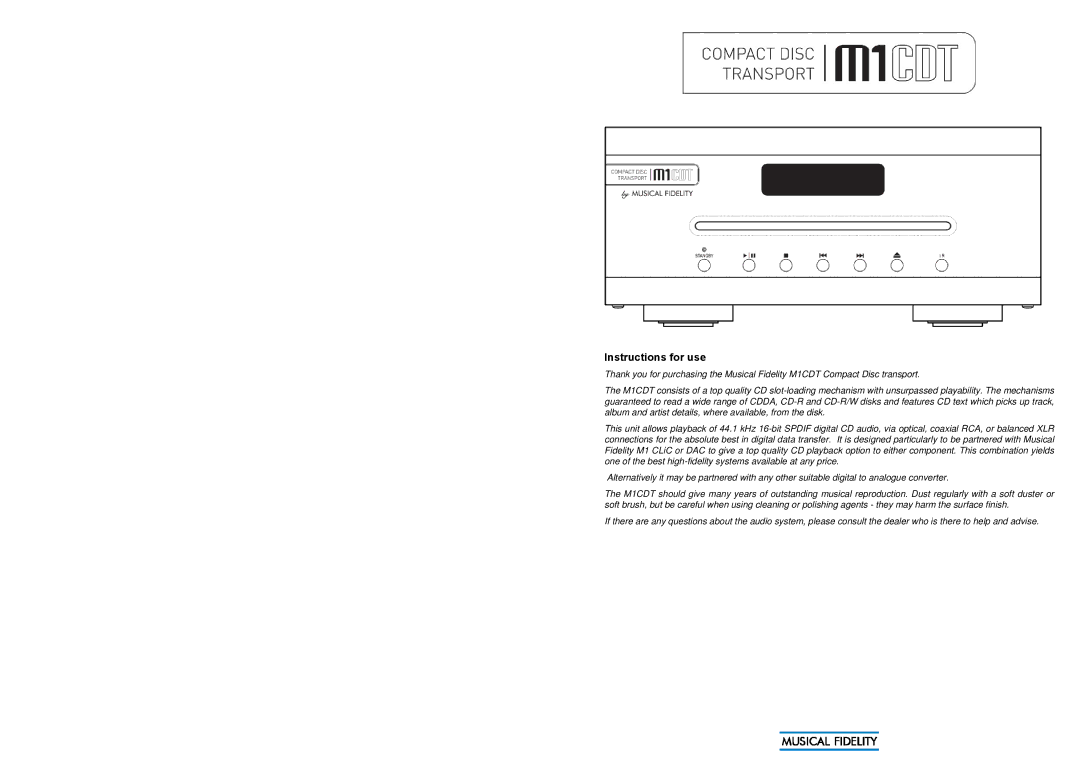 Musical Fidelity M1CDT manual Instructions for use 