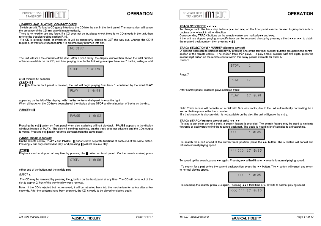 Musical Fidelity M1CDT manual Loading and Playing Compact Discs, Pause, Stop, Eject, Track Selection 