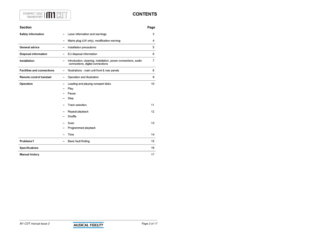 Musical Fidelity M1CDT manual Contents 