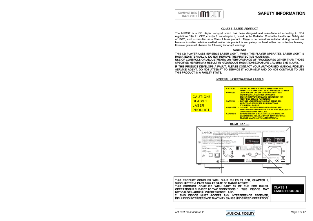 Musical Fidelity M1CDT manual Safety Information, Class 1 Laser Product 