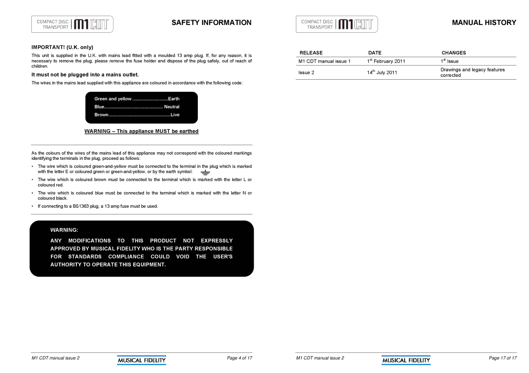 Musical Fidelity M1CDT manual Manual History, IMPORTANT! U.K. only, It must not be plugged into a mains outlet 