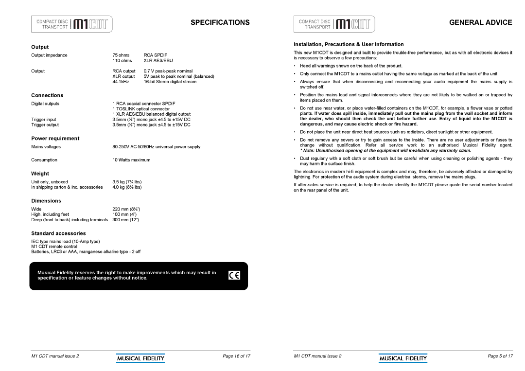 Musical Fidelity M1CDT manual Specifications, General Advice 