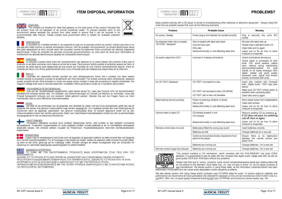 Musical Fidelity M1CDT manual Item Disposal Information, Problems? 