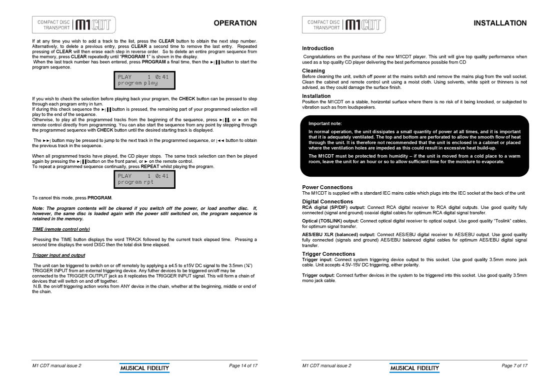 Musical Fidelity M1CDT manual Operation, Installation 