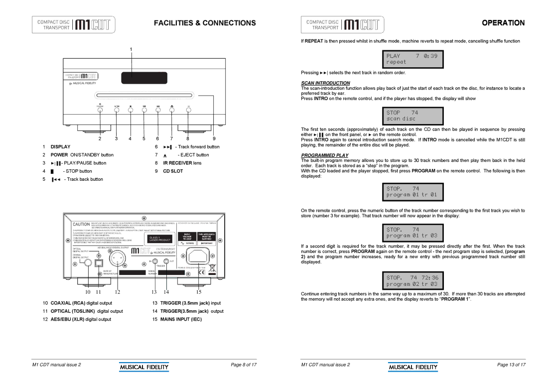 Musical Fidelity M1CDT manual Facilities & Connections, Scan Introduction, Programmed Play 