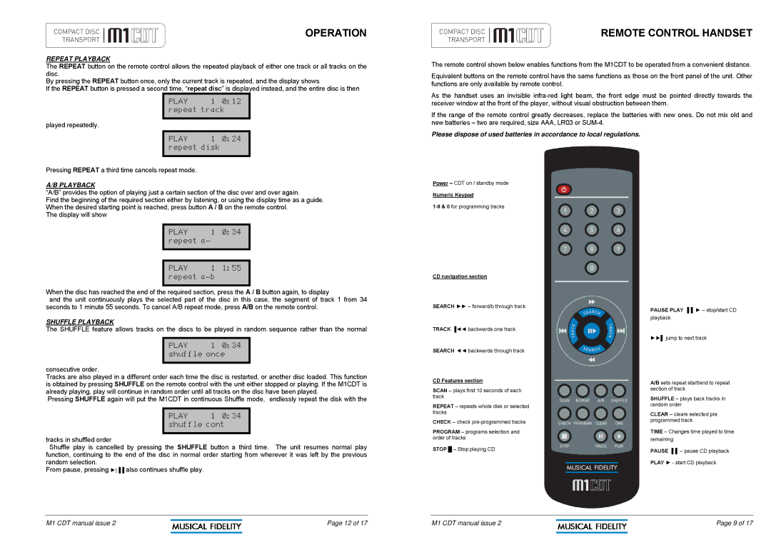 Musical Fidelity M1CDT manual Remote Control Handset, Repeat Playback, Shuffle Playback 