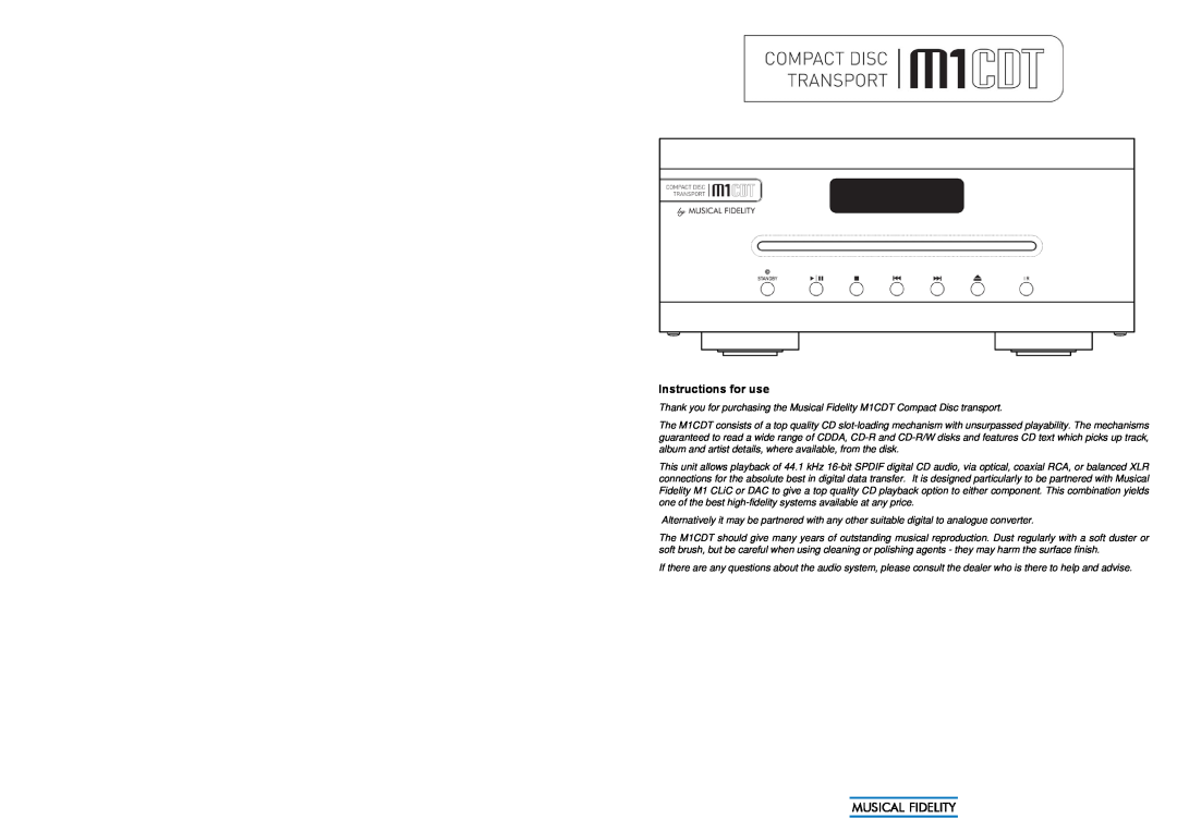 Musical Fidelity M1CDT manual Instructions for use 