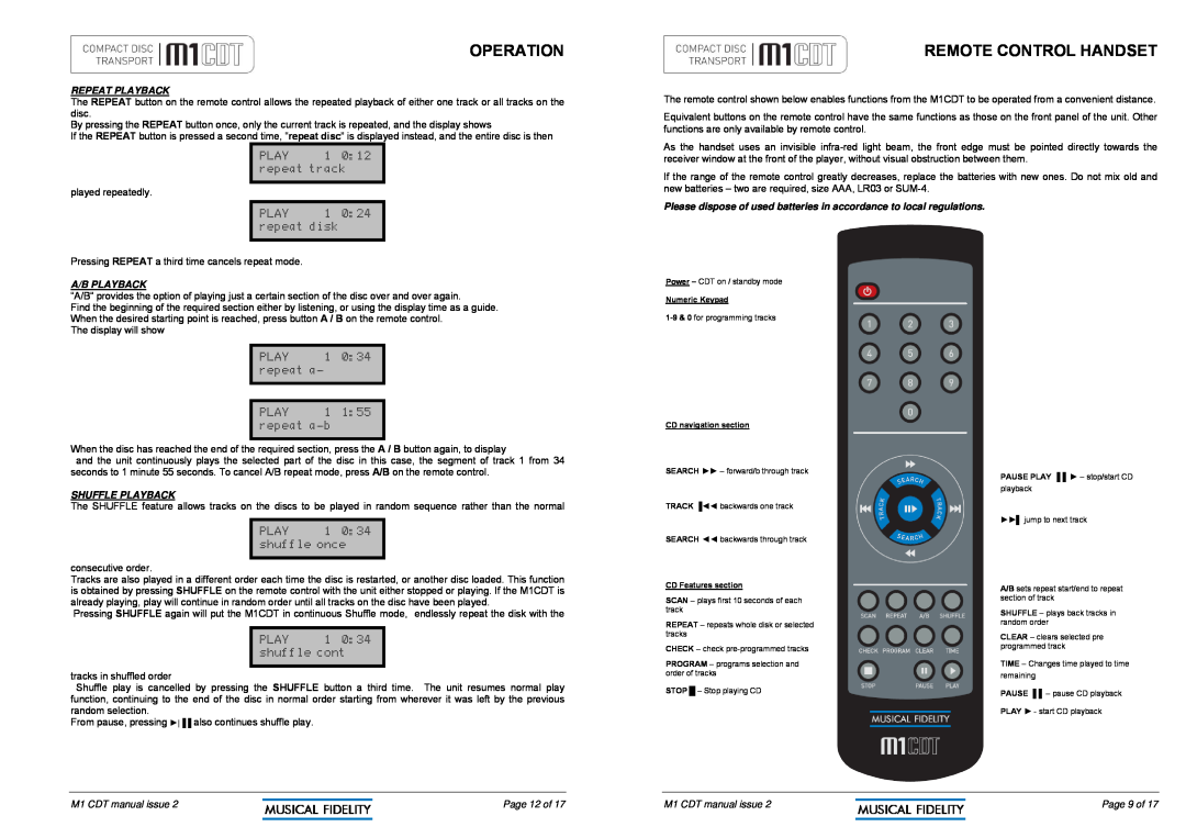 Musical Fidelity M1CDT manual Remote Control Handset, Repeat Playback, A/B Playback, Shuffle Playback, Operation 