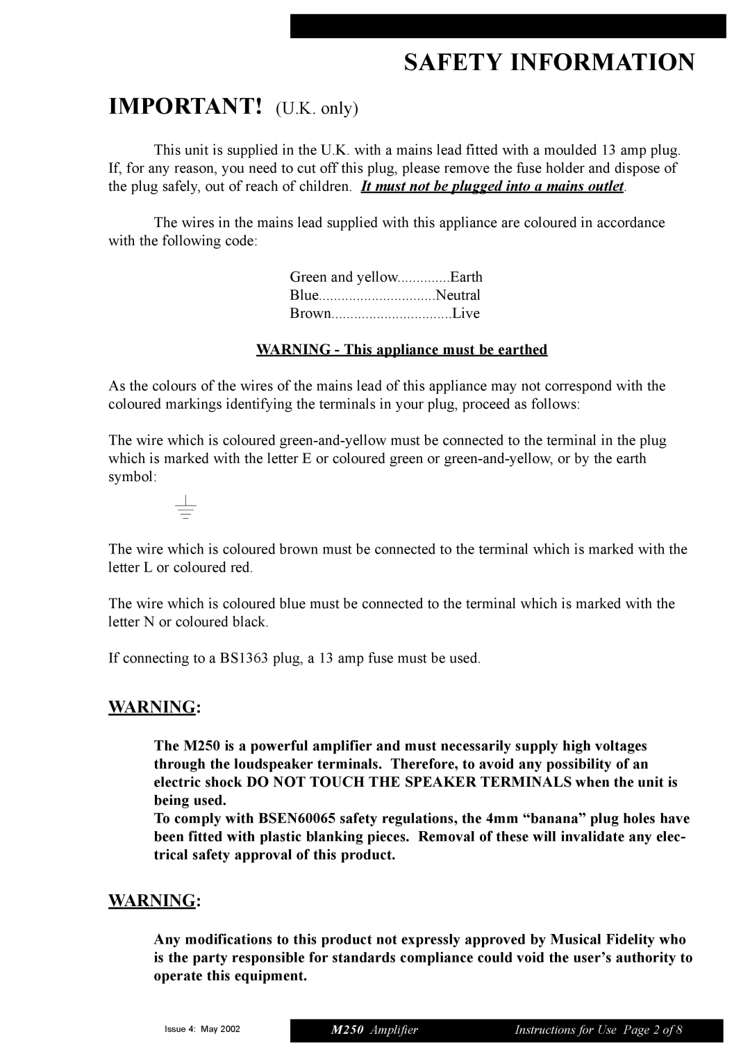 Musical Fidelity M250 manual Safety Information, IMPORTANT! U.K. only 