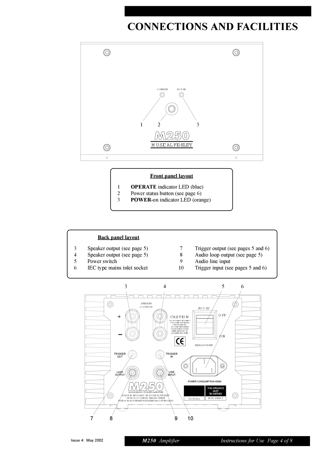 Musical Fidelity M250 manual Connections and Facilities, Back panel layout 