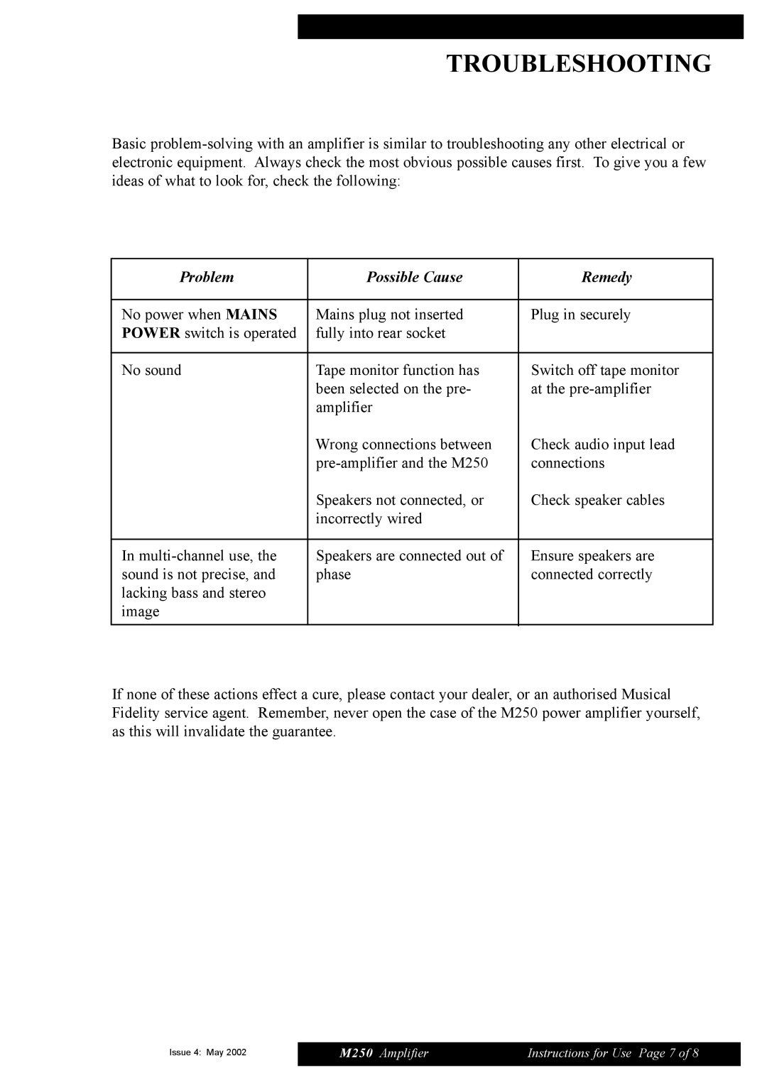 Musical Fidelity M250 manual Troubleshooting, Problem Possible Cause Remedy 