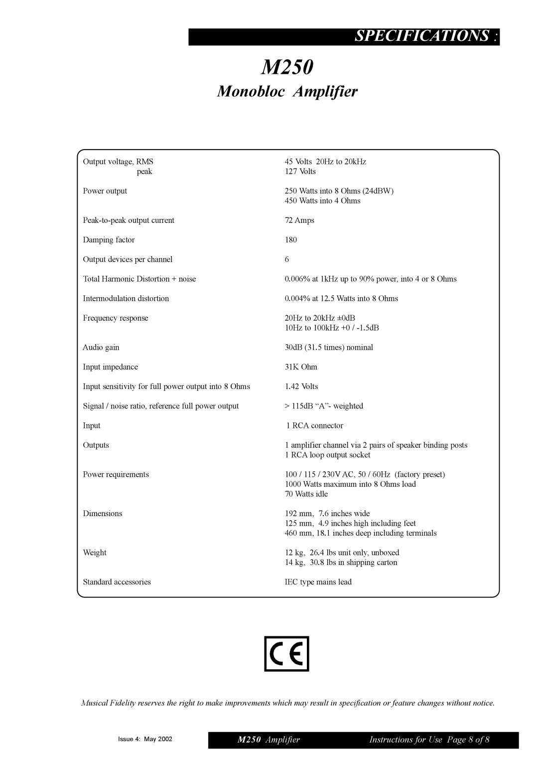 Musical Fidelity M250 manual 