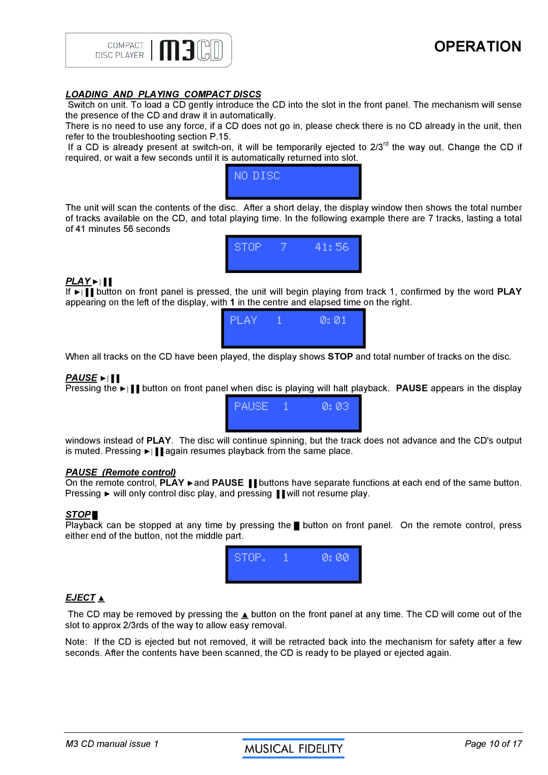 Musical Fidelity M3CD manual Operation, Loading and Playing Compact Discs, Pause, Stop, Eject 