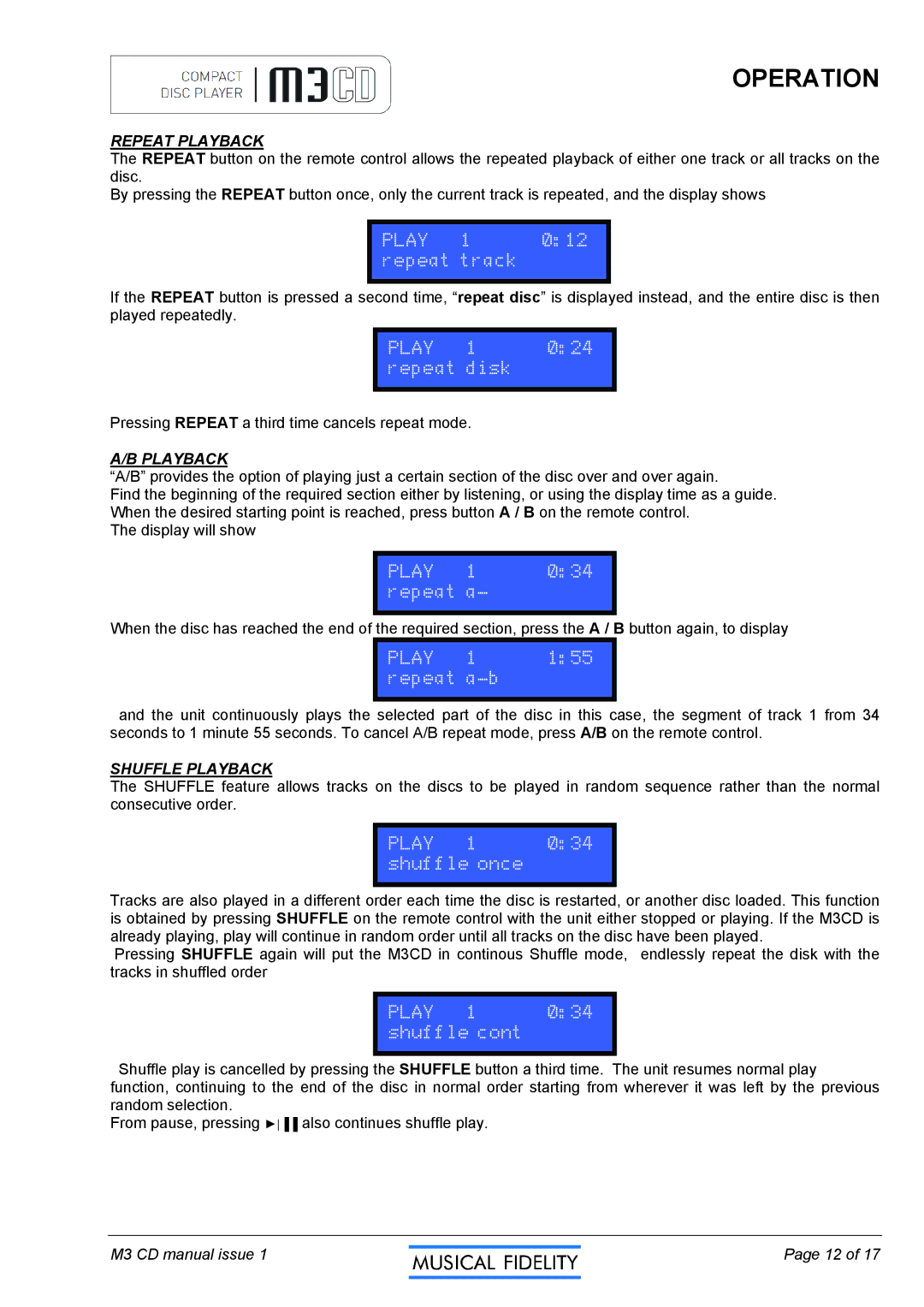 Musical Fidelity M3CD manual Repeat Playback, Shuffle Playback 