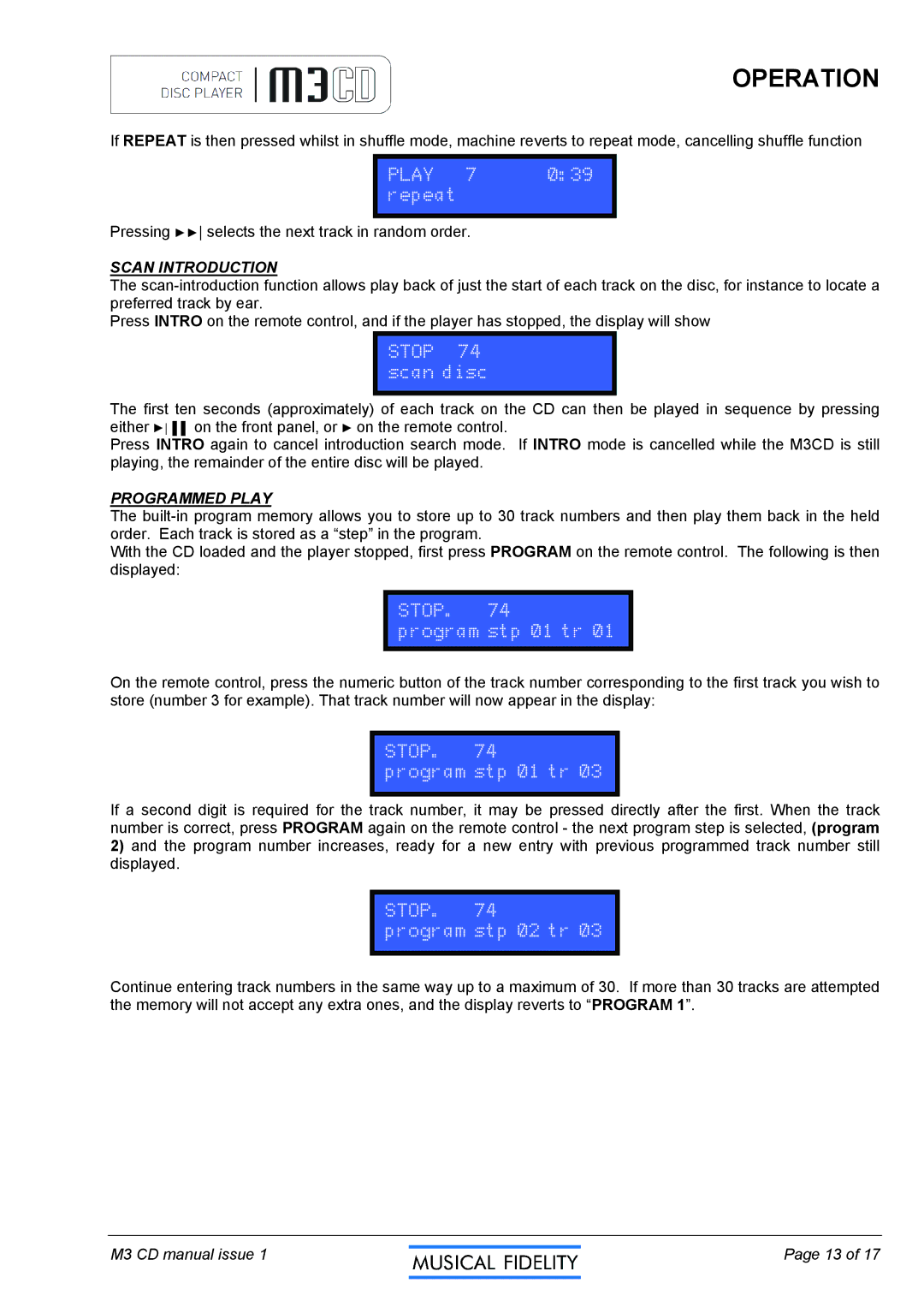 Musical Fidelity M3CD manual Scan Introduction, Programmed Play 