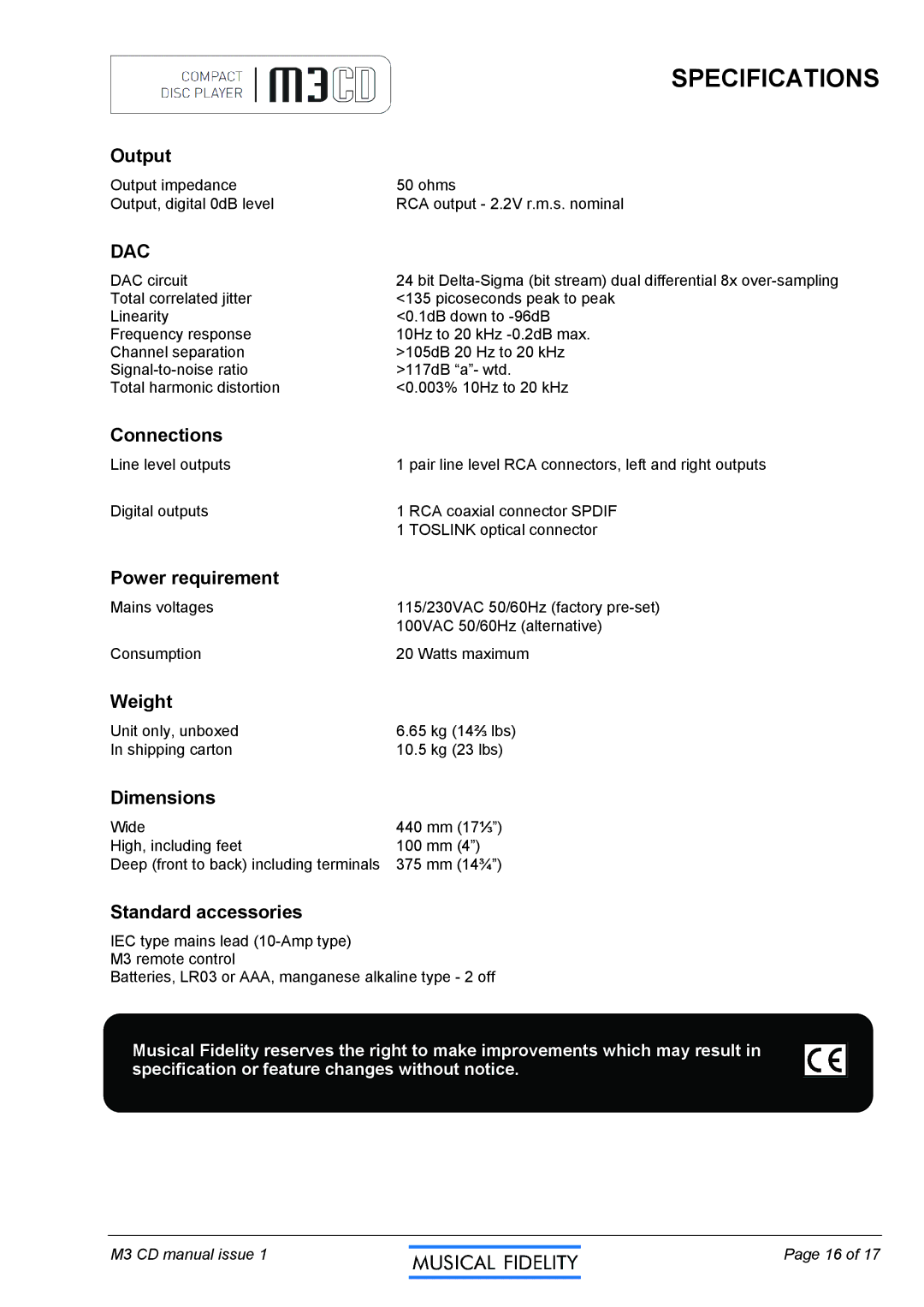 Musical Fidelity M3CD manual Specifications 