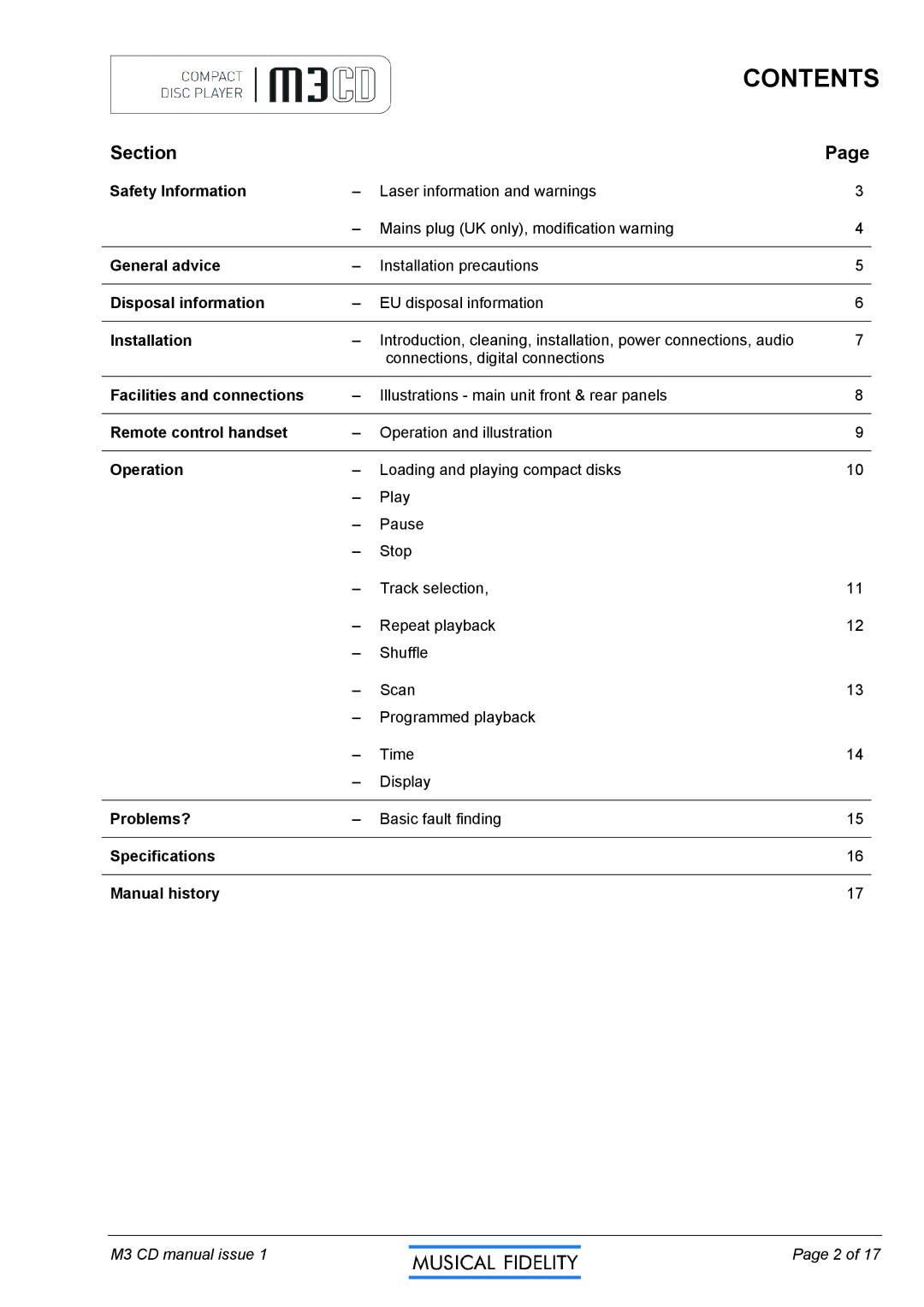 Musical Fidelity M3CD manual Contents 