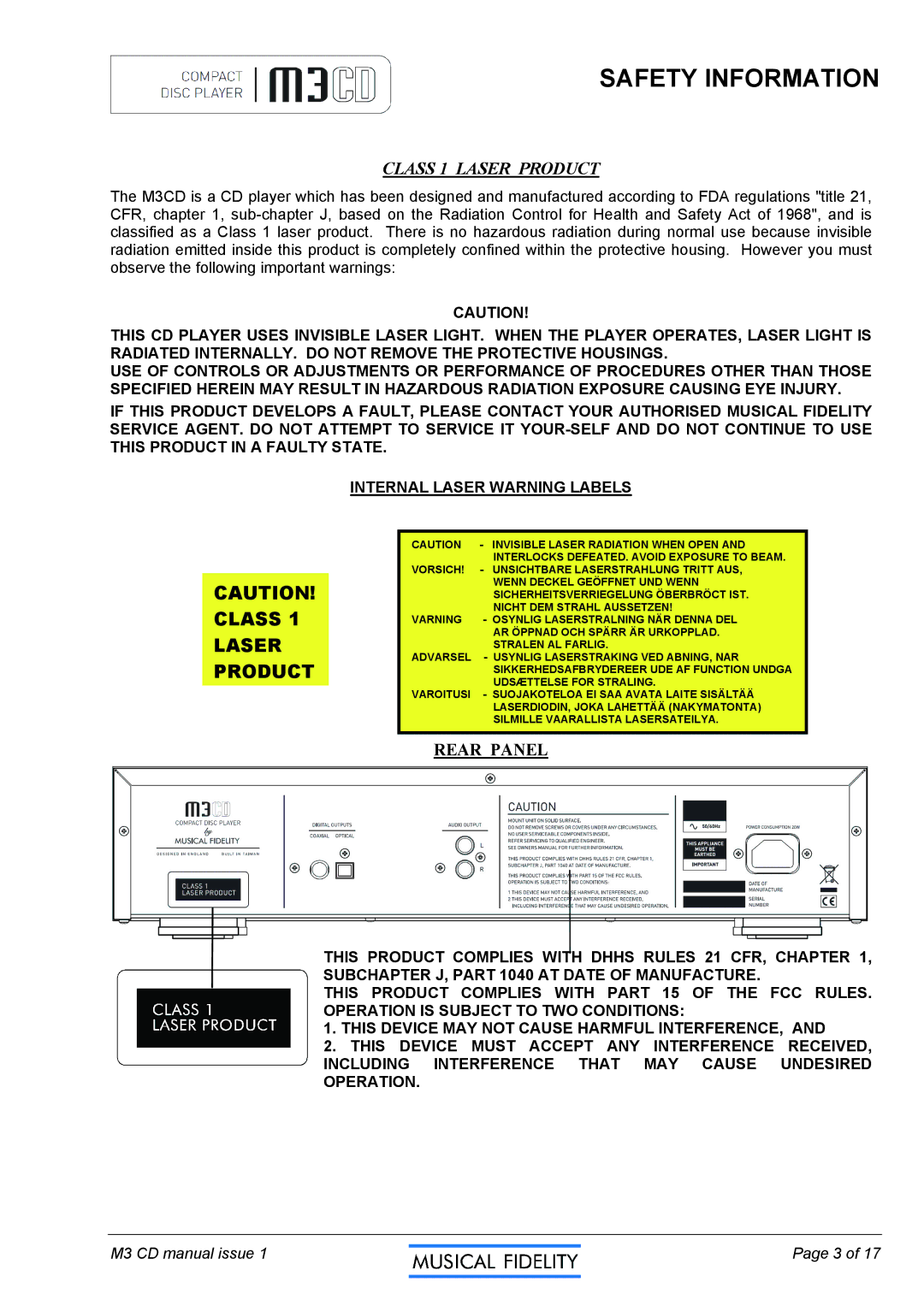 Musical Fidelity M3CD manual Safety Information, Class 1 Laser Product 