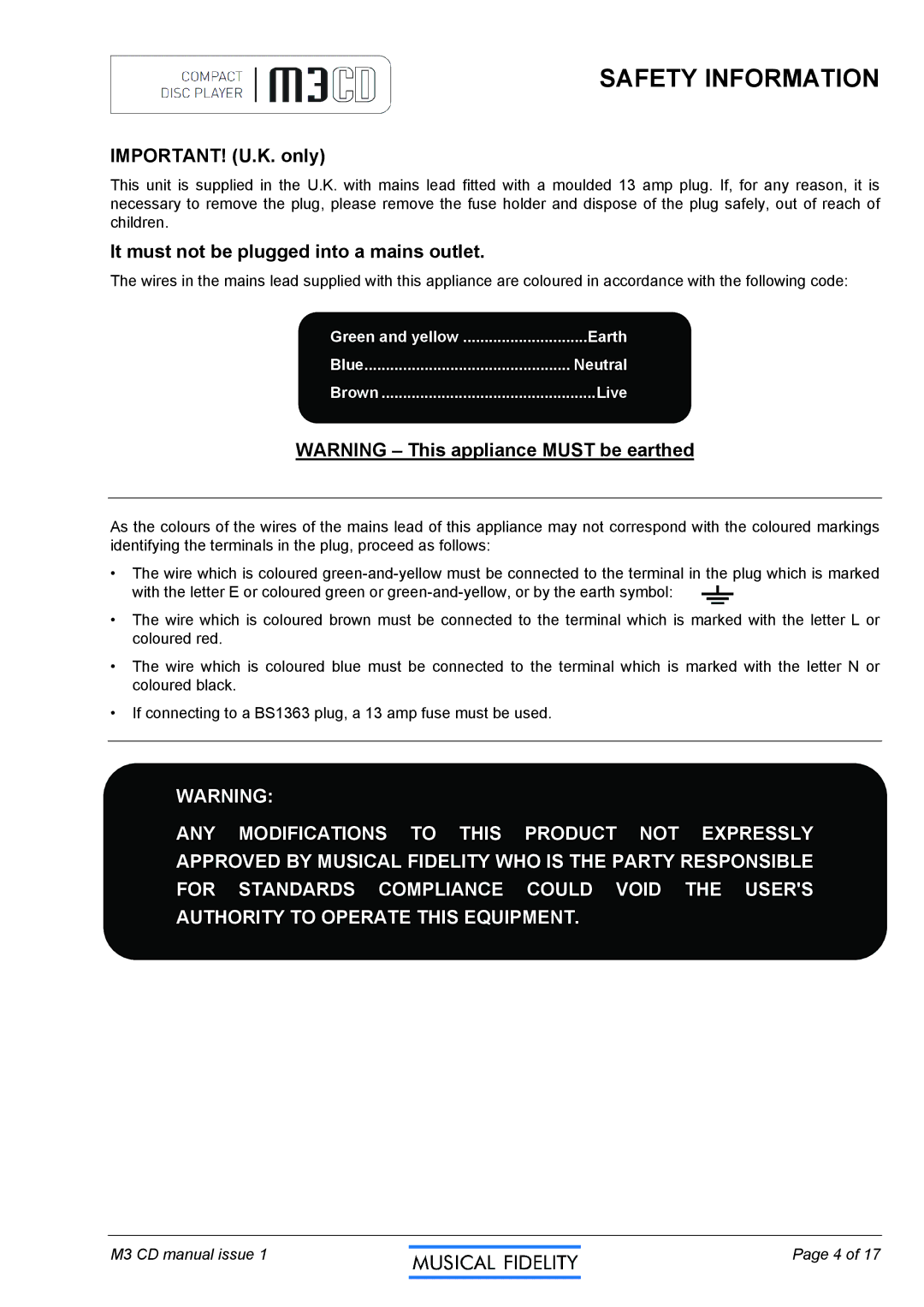 Musical Fidelity M3CD manual IMPORTANT! U.K. only, It must not be plugged into a mains outlet 